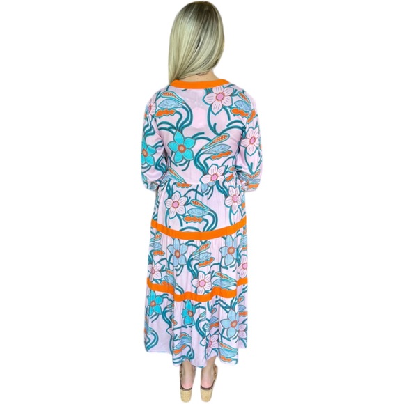 Briton Court Women's Large Tiered Monet Garden Midi Dress Scarlett Floral - Picture 2 of 9